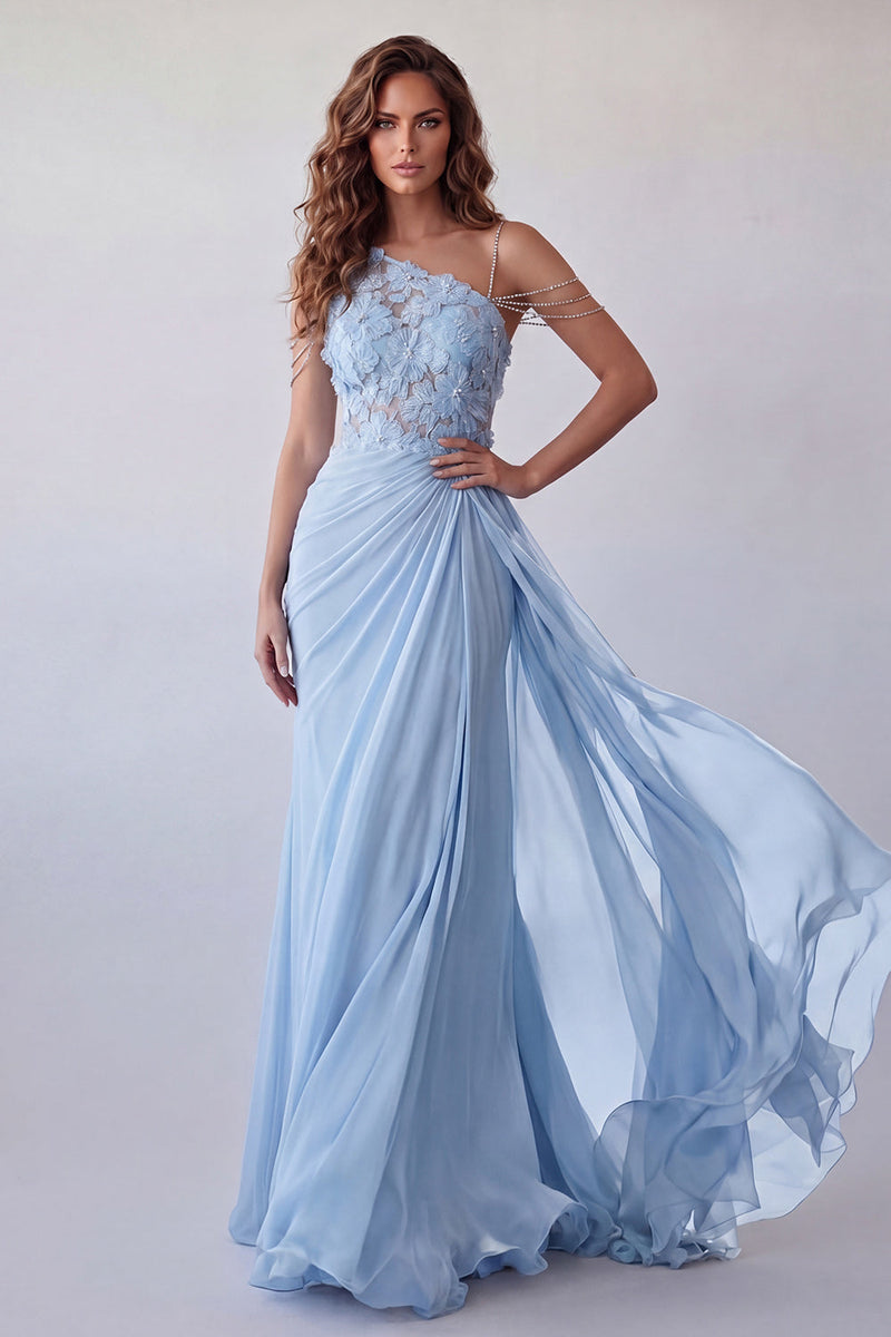 Load image into Gallery viewer, Floral Sky Blue Mermaid Long Beaded Ruched Formal Dress with Side Cape