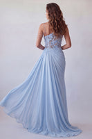 Load image into Gallery viewer, Floral Sky Blue Mermaid Long Beaded Ruched Formal Dress with Side Cape