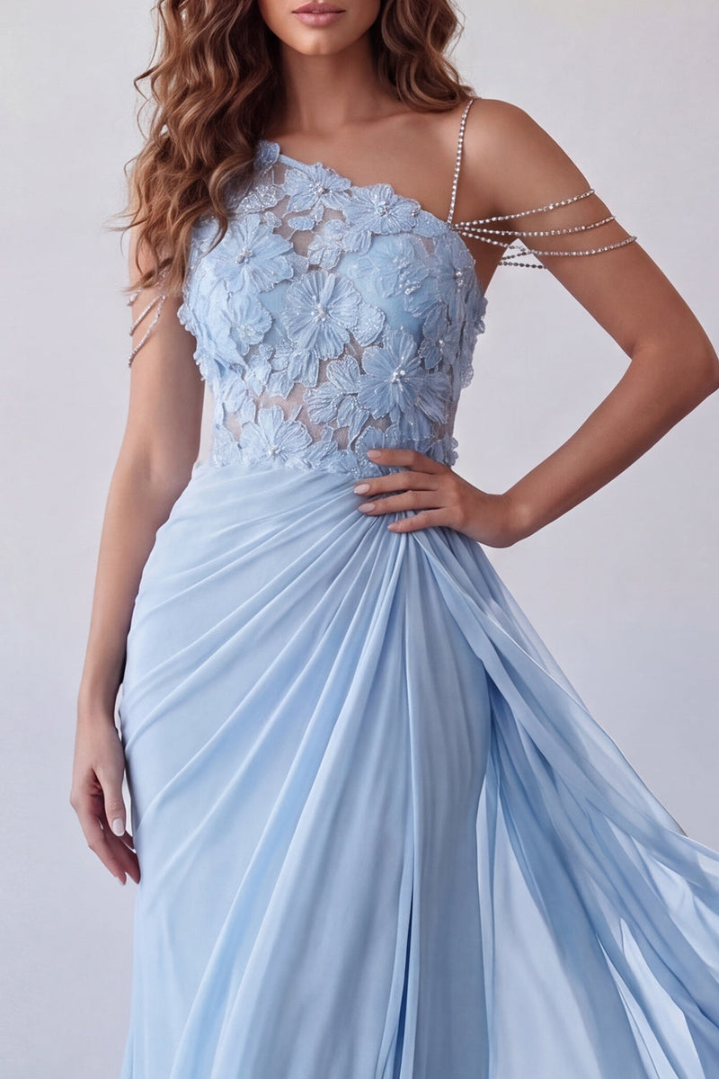 Load image into Gallery viewer, Floral Sky Blue Mermaid Long Beaded Ruched Formal Dress with Side Cape