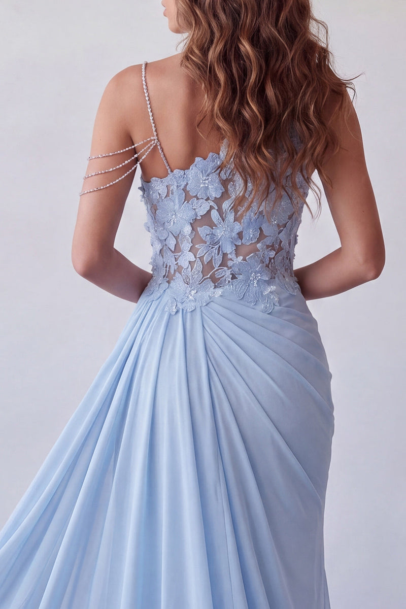 Load image into Gallery viewer, Floral Sky Blue Mermaid Long Beaded Ruched Formal Dress with Side Cape