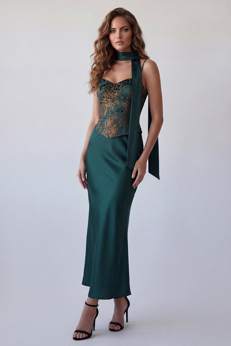 Load image into Gallery viewer, Dark Green Basque Waist Spaghetti Straps Long Mermaid Floral Formal Dress