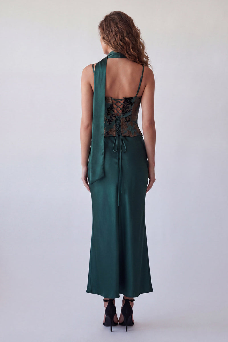 Load image into Gallery viewer, Dark Green Basque Waist Spaghetti Straps Long Mermaid Floral Formal Dress