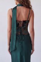 Load image into Gallery viewer, Dark Green Basque Waist Spaghetti Straps Long Mermaid Floral Formal Dress