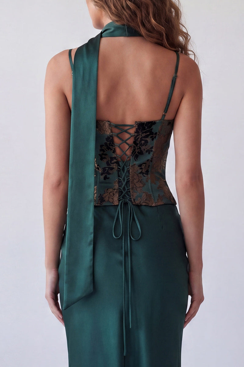 Load image into Gallery viewer, Dark Green Basque Waist Spaghetti Straps Long Mermaid Floral Formal Dress