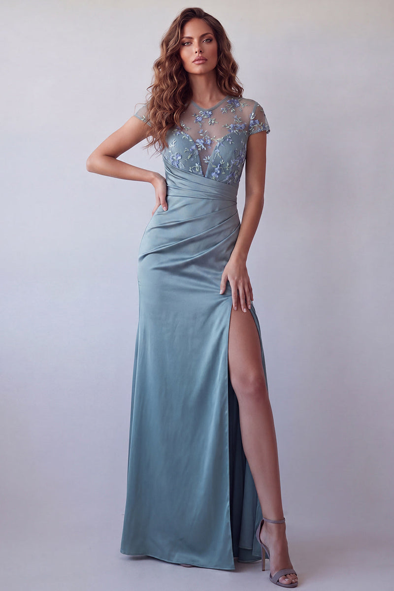 Load image into Gallery viewer, Grey Blue Floral Mermaid Ruched Short Sleeves Long Formal Dress with Slit