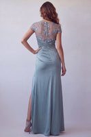 Load image into Gallery viewer, Grey Blue Floral Mermaid Ruched Short Sleeves Long Formal Dress with Slit