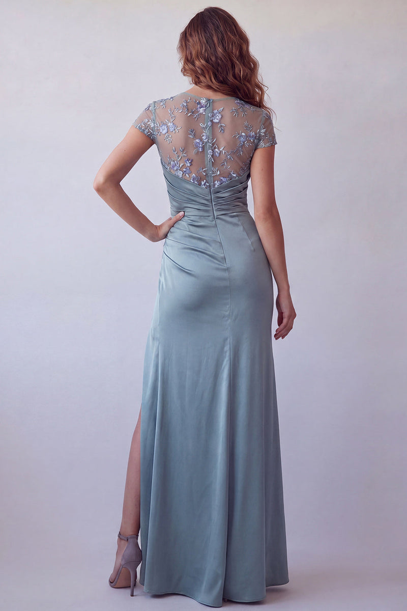 Load image into Gallery viewer, Grey Blue Floral Mermaid Ruched Short Sleeves Long Formal Dress with Slit