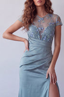 Load image into Gallery viewer, Grey Blue Floral Mermaid Ruched Short Sleeves Long Formal Dress with Slit