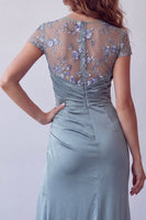 Load image into Gallery viewer, Grey Blue Floral Mermaid Ruched Short Sleeves Long Formal Dress with Slit