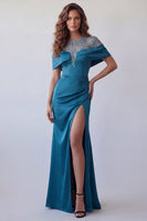 Load image into Gallery viewer, Peacock Blue Boat Neck Floral Mermaid Long Ruched Formal Dress with Cape
