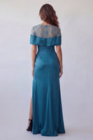 Load image into Gallery viewer, Peacock Blue Boat Neck Floral Mermaid Long Ruched Formal Dress with Cape