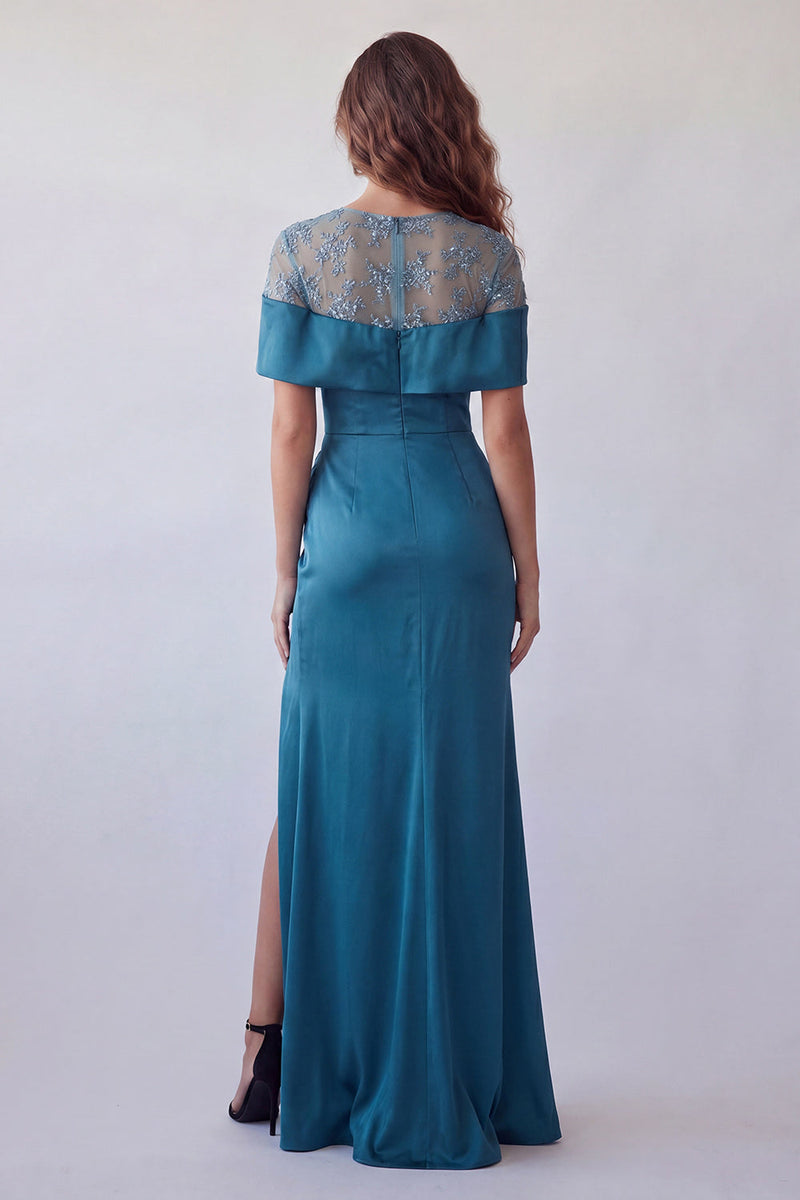 Load image into Gallery viewer, Peacock Blue Boat Neck Floral Mermaid Long Ruched Formal Dress with Cape