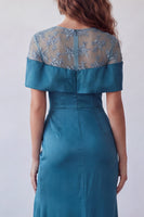 Load image into Gallery viewer, Peacock Blue Boat Neck Floral Mermaid Long Ruched Formal Dress with Cape