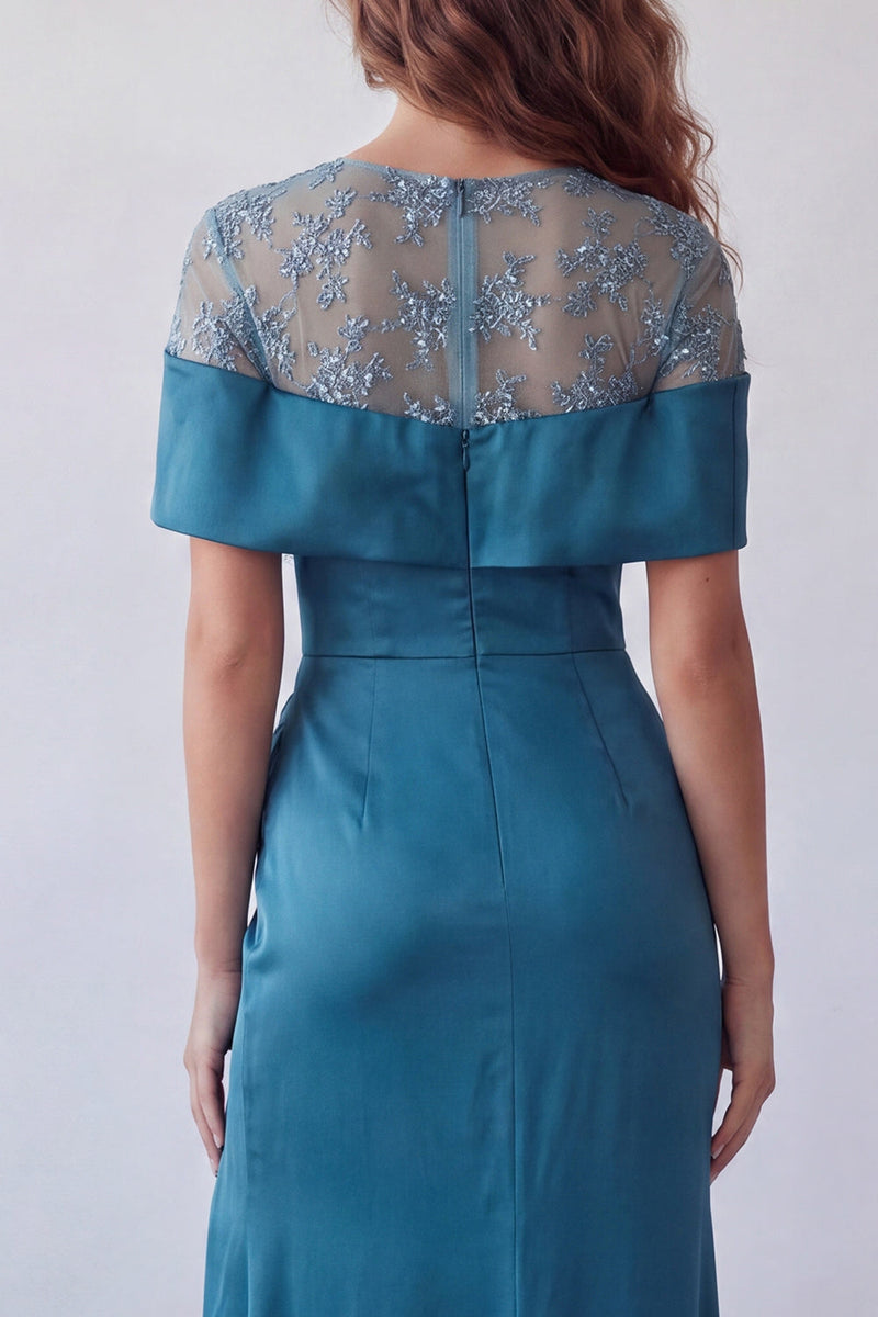 Load image into Gallery viewer, Peacock Blue Boat Neck Floral Mermaid Long Ruched Formal Dress with Cape