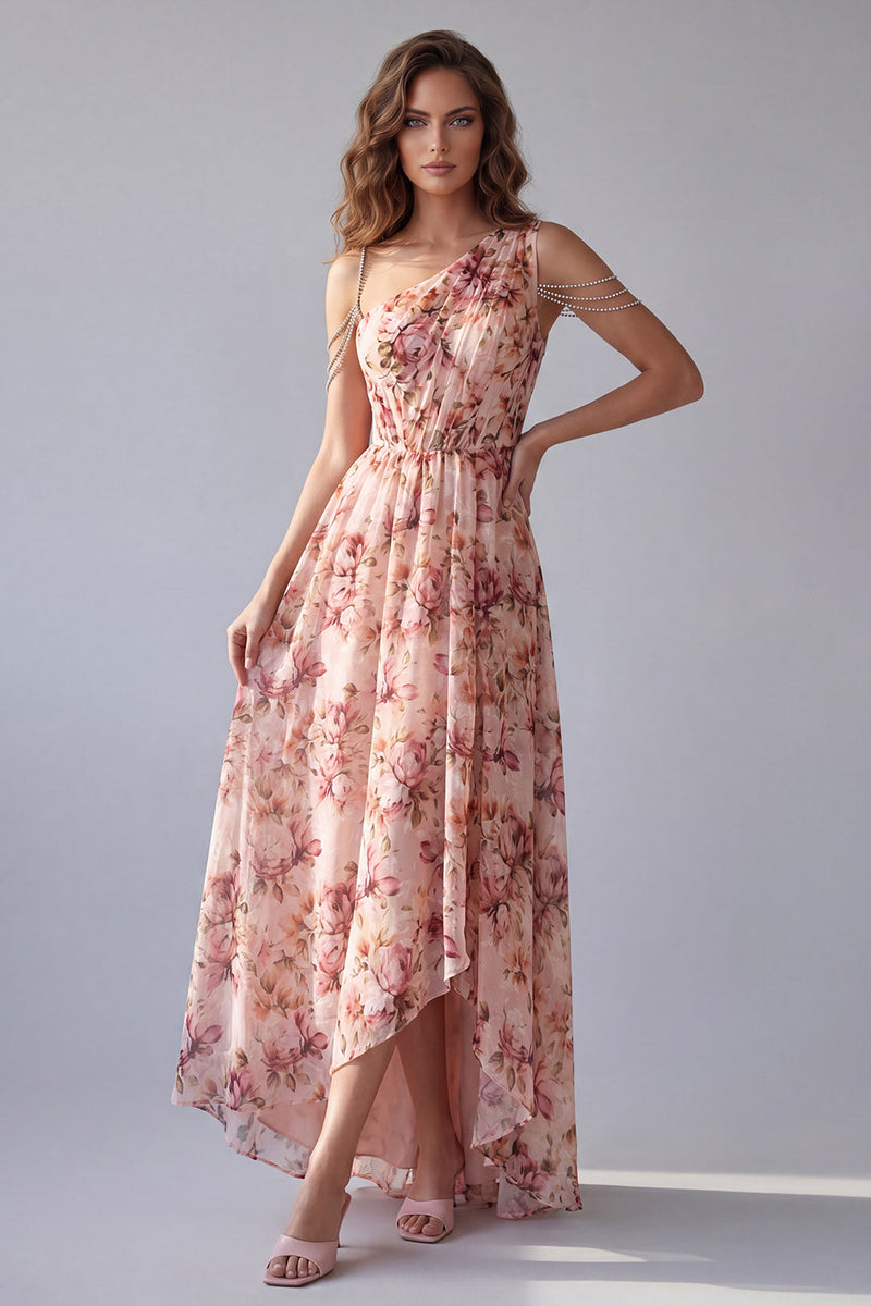 Load image into Gallery viewer, Pink Floral One Shoulder A Line Ruched High Low Formal Dress with Beading