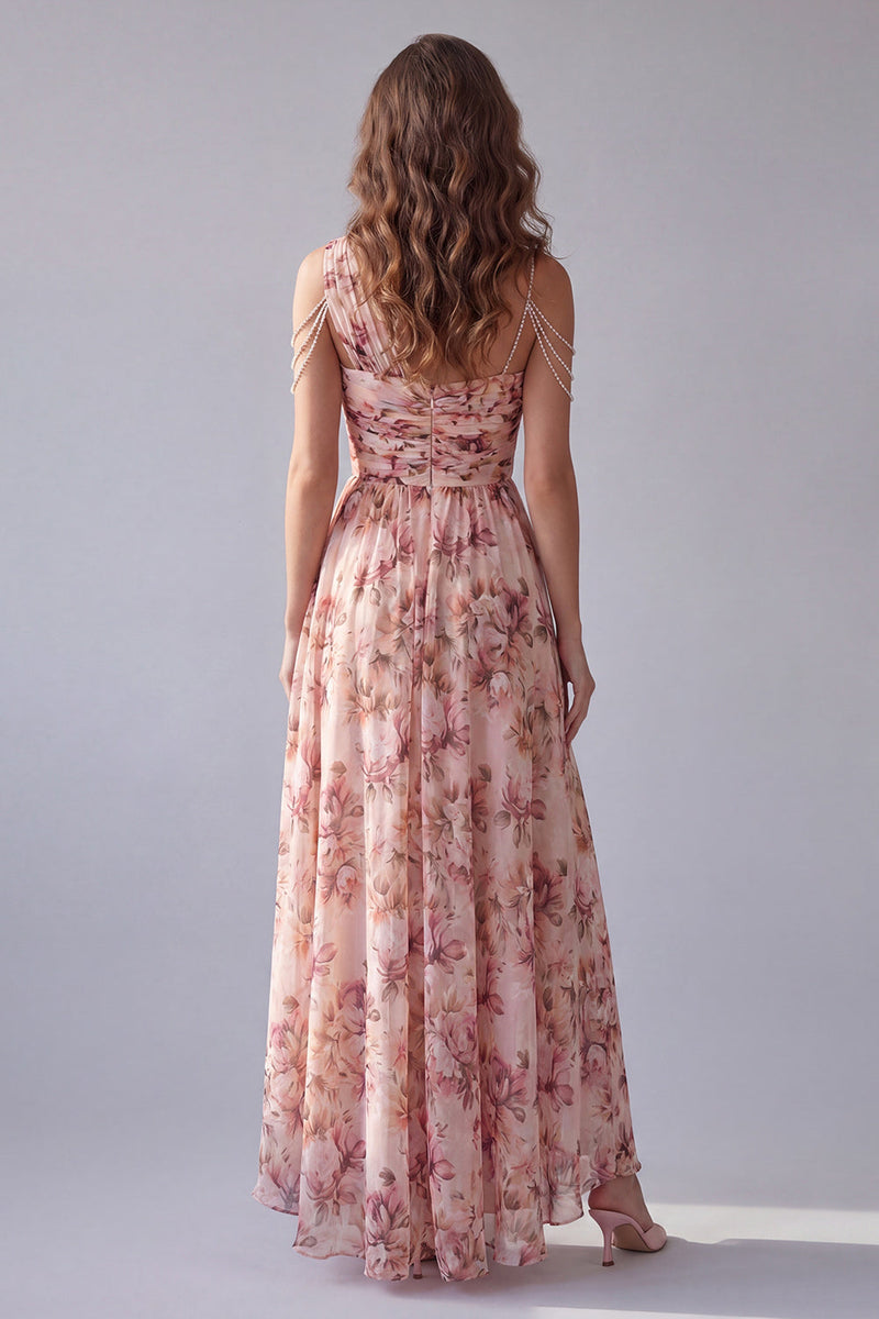 Load image into Gallery viewer, Pink Floral One Shoulder A Line Ruched High Low Formal Dress with Beading