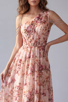 Load image into Gallery viewer, Pink Floral One Shoulder A Line Ruched High Low Formal Dress with Beading