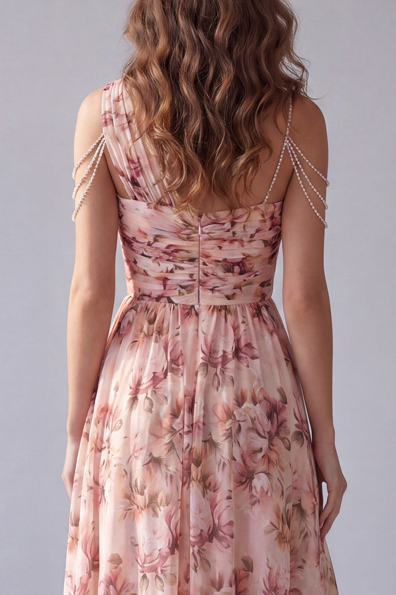 Load image into Gallery viewer, Pink Floral One Shoulder A Line Ruched High Low Formal Dress with Beading