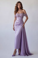 Load image into Gallery viewer, Light Purple Ruched Beaded Mermaid Long Formal Dress with Side Cape