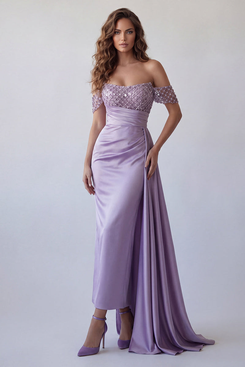 Load image into Gallery viewer, Light Purple Ruched Beaded Mermaid Long Formal Dress with Side Cape