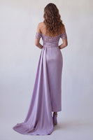Load image into Gallery viewer, Light Purple Ruched Beaded Mermaid Long Formal Dress with Side Cape