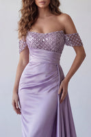 Load image into Gallery viewer, Light Purple Ruched Beaded Mermaid Long Formal Dress with Side Cape
