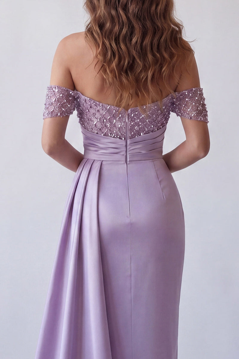 Load image into Gallery viewer, Light Purple Ruched Beaded Mermaid Long Formal Dress with Side Cape