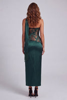 Load image into Gallery viewer, Dark Green Basque Waist Strapless Sheath Floral Long Formal Dress with Slit