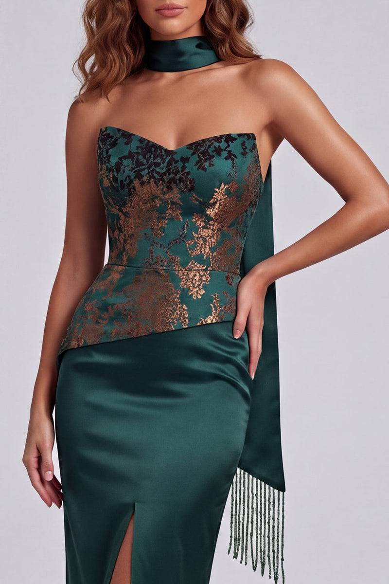 Load image into Gallery viewer, Dark Green Basque Waist Strapless Sheath Floral Long Formal Dress with Slit