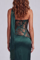 Load image into Gallery viewer, Dark Green Basque Waist Strapless Sheath Floral Long Formal Dress with Slit