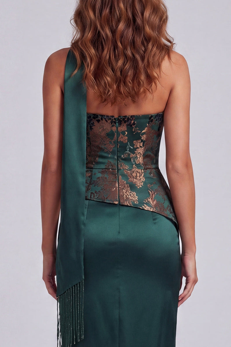 Load image into Gallery viewer, Dark Green Basque Waist Strapless Sheath Floral Long Formal Dress with Slit