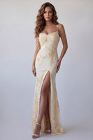 Load image into Gallery viewer, Light Yellow Floral Mermaid Cold Shoulder Long Beaded Formal Dress with Slit