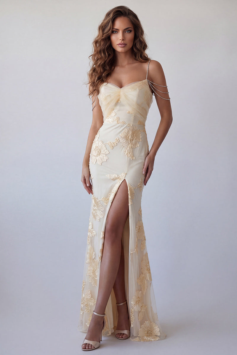 Load image into Gallery viewer, Light Yellow Floral Mermaid Cold Shoulder Long Beaded Formal Dress with Slit