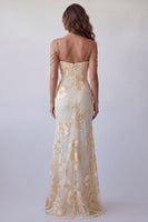 Load image into Gallery viewer, Light Yellow Floral Mermaid Cold Shoulder Long Beaded Formal Dress with Slit