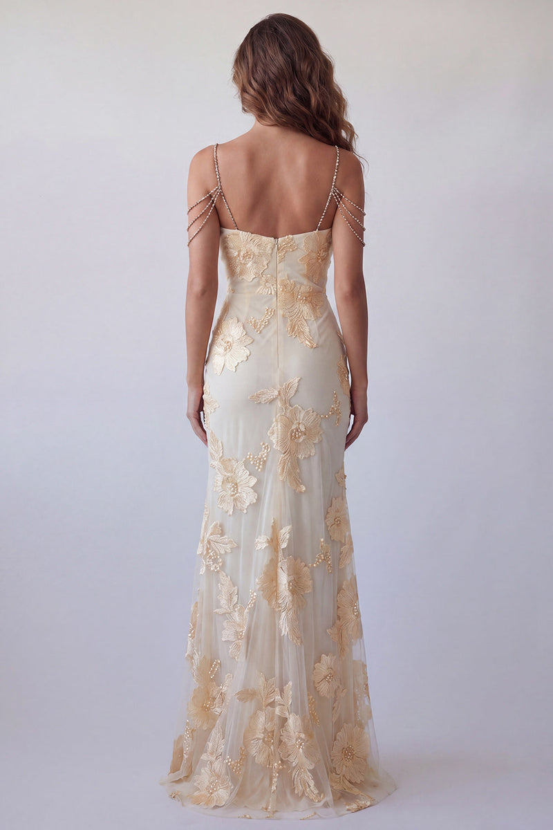 Load image into Gallery viewer, Light Yellow Floral Mermaid Cold Shoulder Long Beaded Formal Dress with Slit