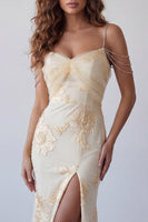 Load image into Gallery viewer, Light Yellow Floral Mermaid Cold Shoulder Long Beaded Formal Dress with Slit