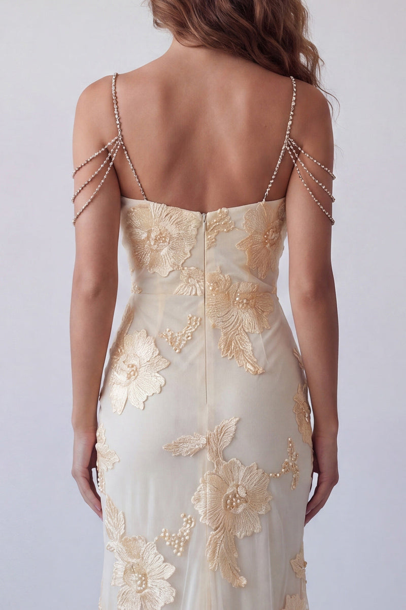 Load image into Gallery viewer, Light Yellow Floral Mermaid Cold Shoulder Long Beaded Formal Dress with Slit