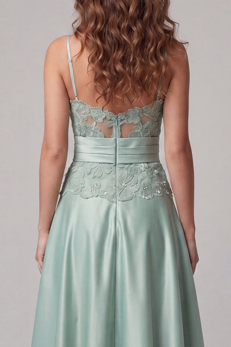 Load image into Gallery viewer, Green Spaghetti Straps Floral Long A Line Formal Dress with Pearls
