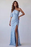 Load image into Gallery viewer, Sky Blue Floral Mermaid Ruched Long One Shoulder Formal Dress with Pearls