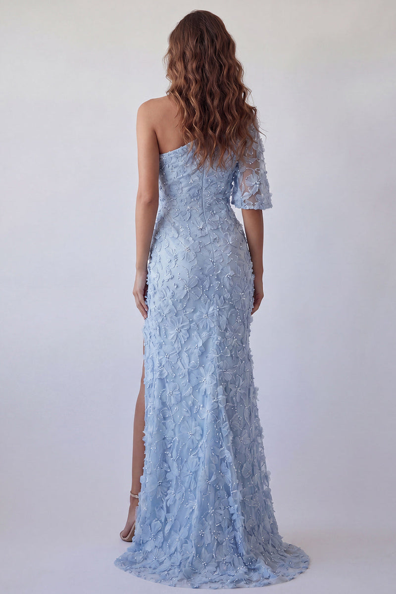 Load image into Gallery viewer, Sky Blue Floral Mermaid Ruched Long One Shoulder Formal Dress with Pearls