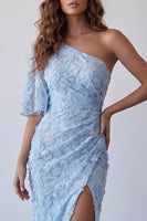 Load image into Gallery viewer, Sky Blue Floral Mermaid Ruched Long One Shoulder Formal Dress with Pearls