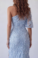 Load image into Gallery viewer, Sky Blue Floral Mermaid Ruched Long One Shoulder Formal Dress with Pearls