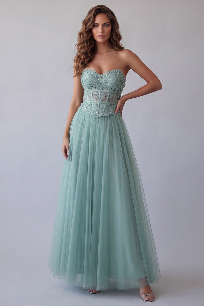 Load image into Gallery viewer, Green Floral Corset Strapless Long A Line Formal Dress with Beading
