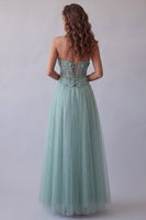 Load image into Gallery viewer, Green Floral Corset Strapless Long A Line Formal Dress with Beading