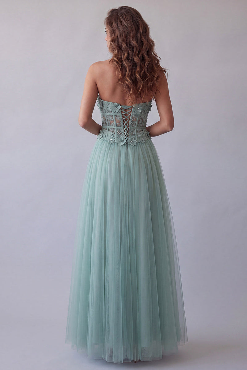 Load image into Gallery viewer, Green Floral Corset Strapless Long A Line Formal Dress with Beading