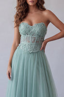 Load image into Gallery viewer, Green Floral Corset Strapless Long A Line Formal Dress with Beading