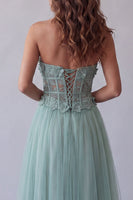 Load image into Gallery viewer, Green Floral Corset Strapless Long A Line Formal Dress with Beading