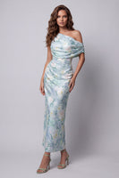 Load image into Gallery viewer, Light Green Floral One Shoulder Long Mermaid Ruched Formal Dress