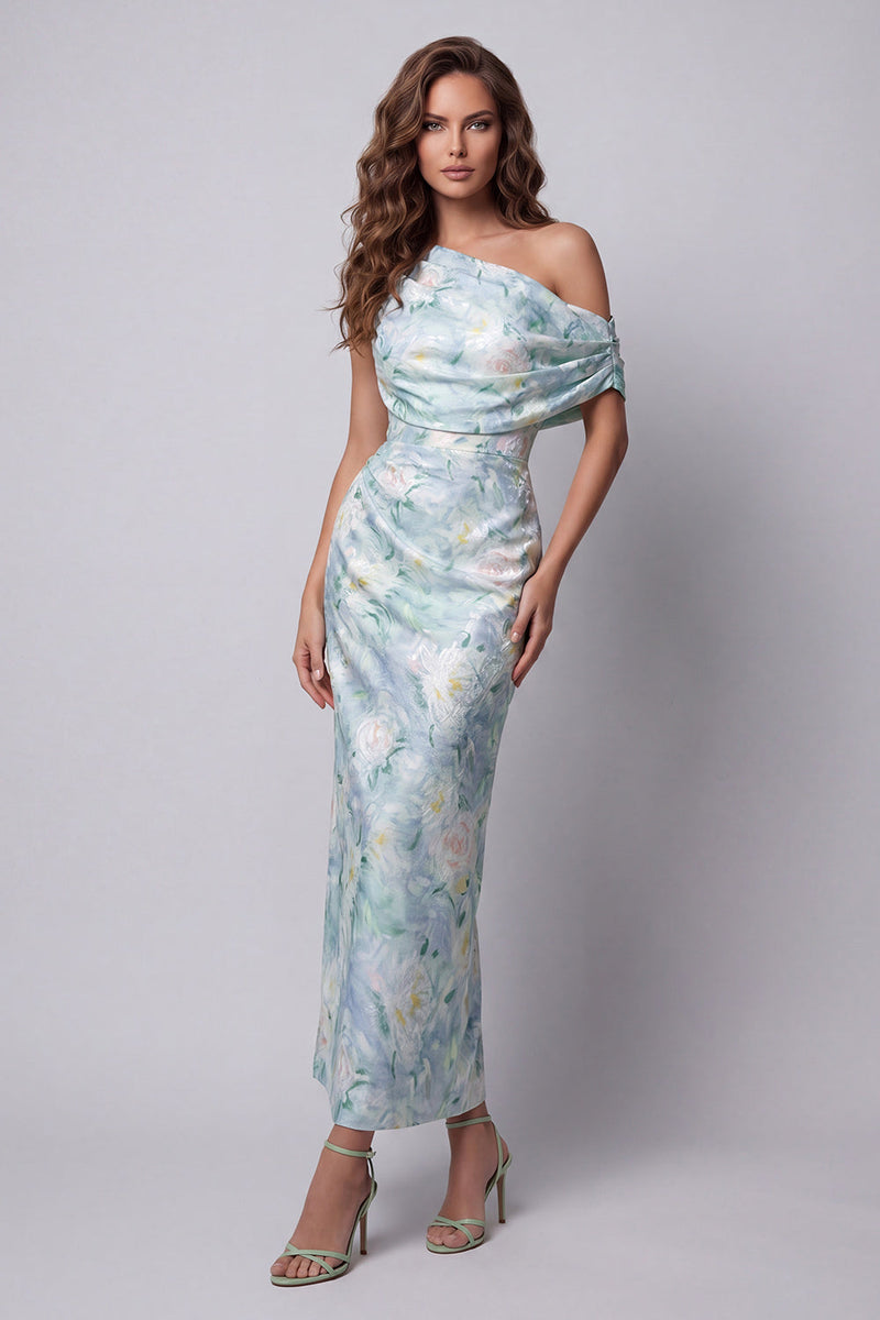 Load image into Gallery viewer, Light Green Floral One Shoulder Long Mermaid Ruched Formal Dress