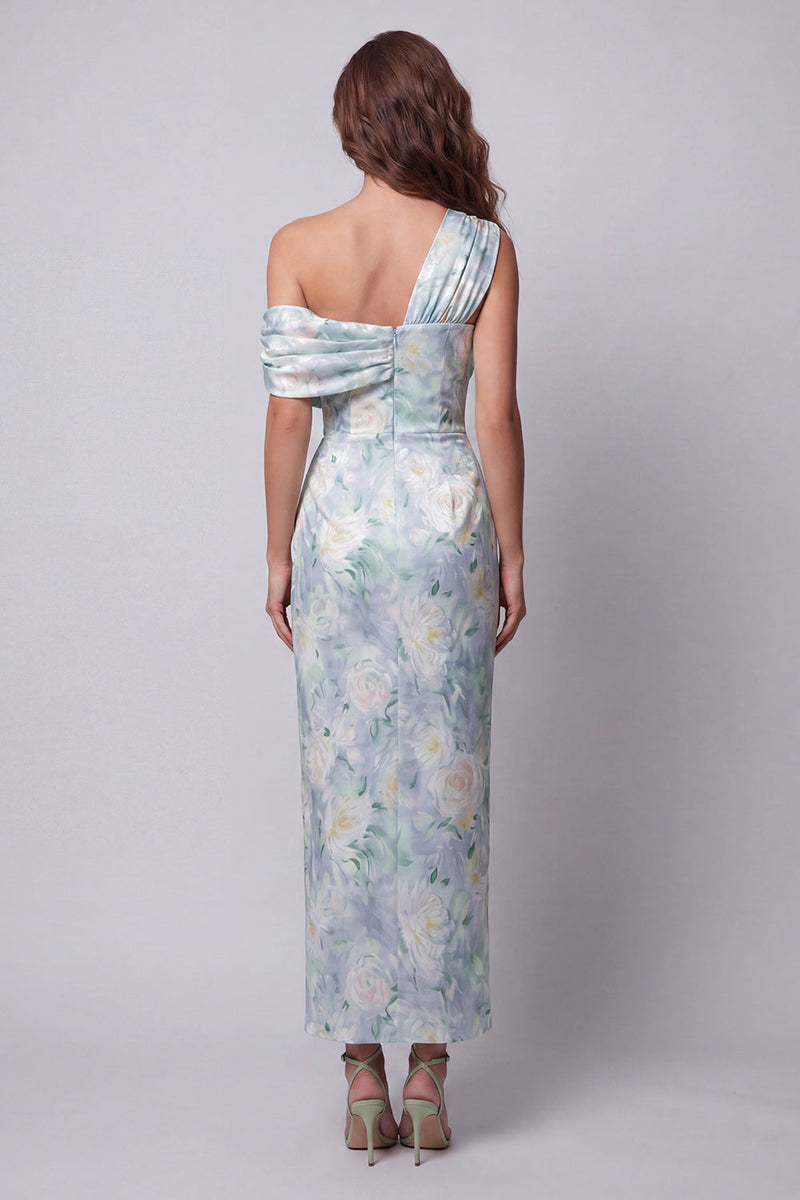 Load image into Gallery viewer, Light Green Floral One Shoulder Long Mermaid Ruched Formal Dress